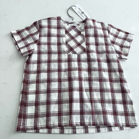 Violeta E Federico boys brown white plaid linen blend s/s shirt size 3 NWT - Picture 1 of 7